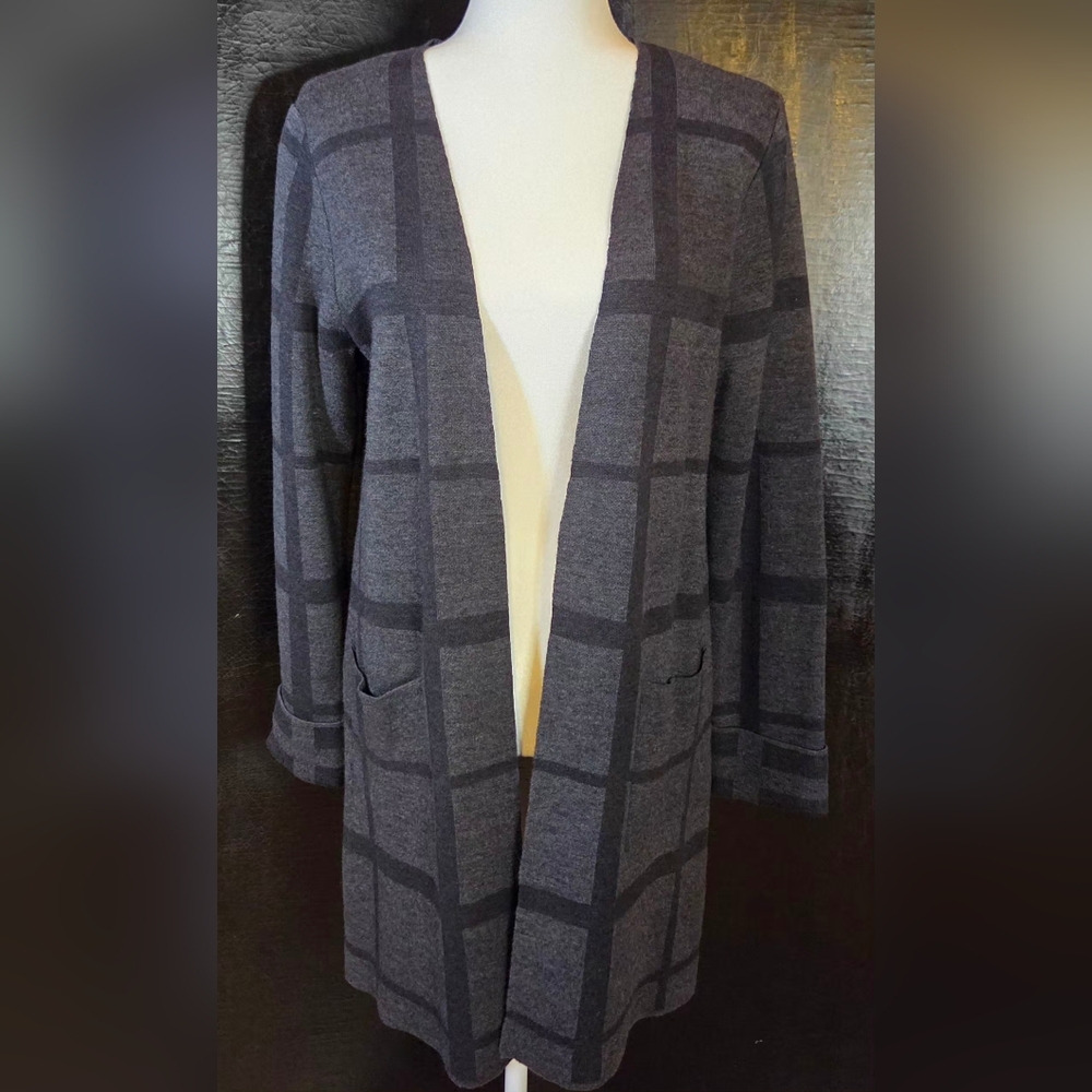 APT.9 Open-Front Longline Cardigan Sweater In Black & Gray Plaid Size Medium